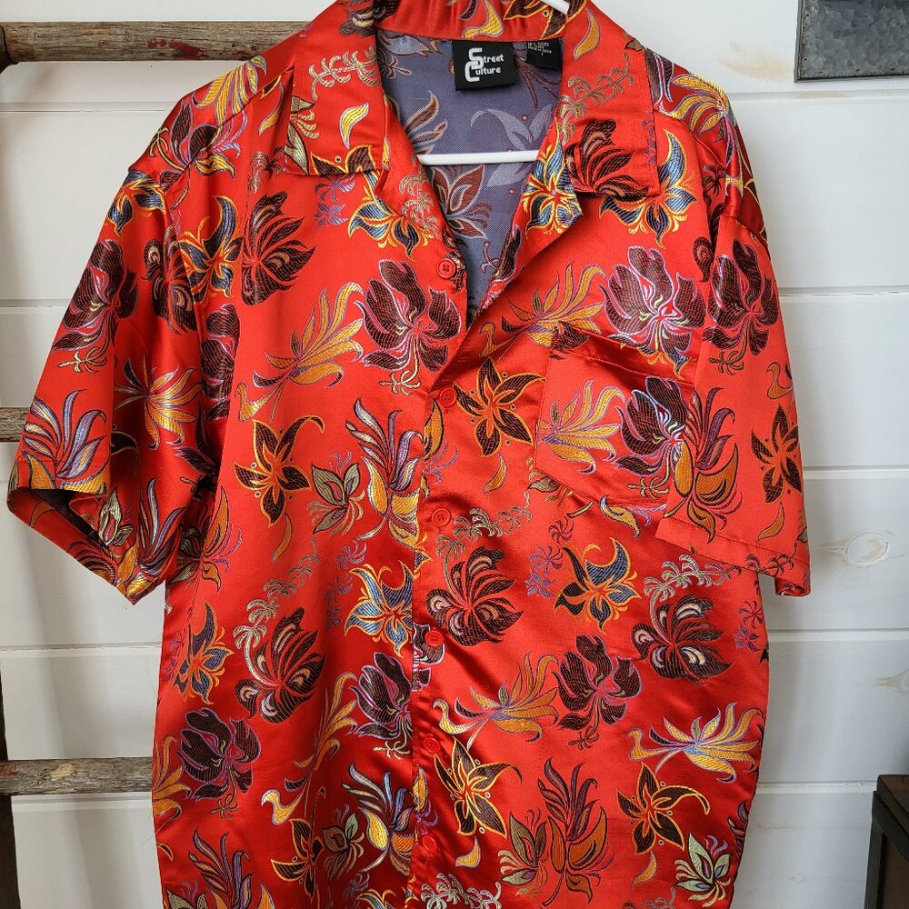 Vintage Street Culture mens button down shirt red with flowers